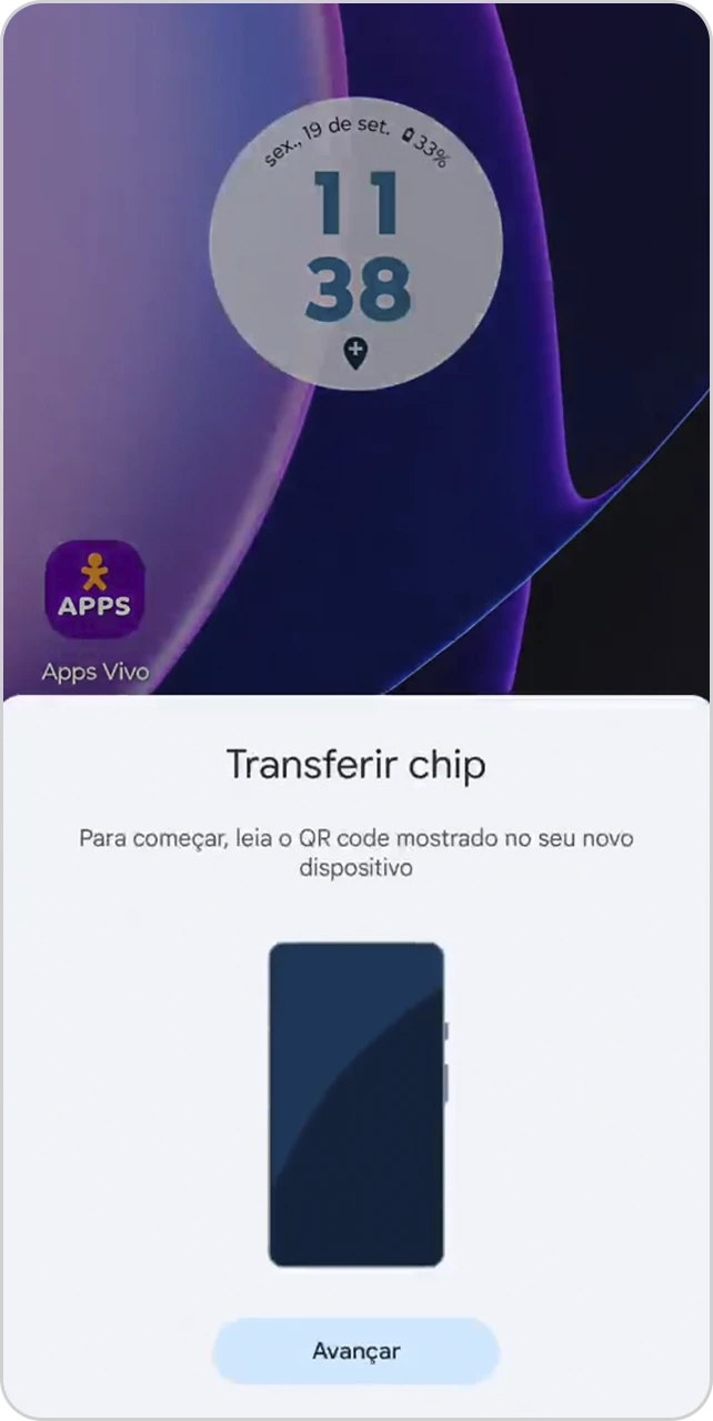 Tela para continuar a transferência de um aparelho para um novo aparelho.