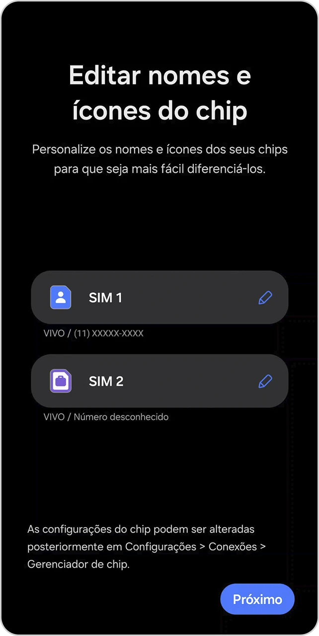 Tela para editar os nomes dos eSIMs ou chips do aparelho.