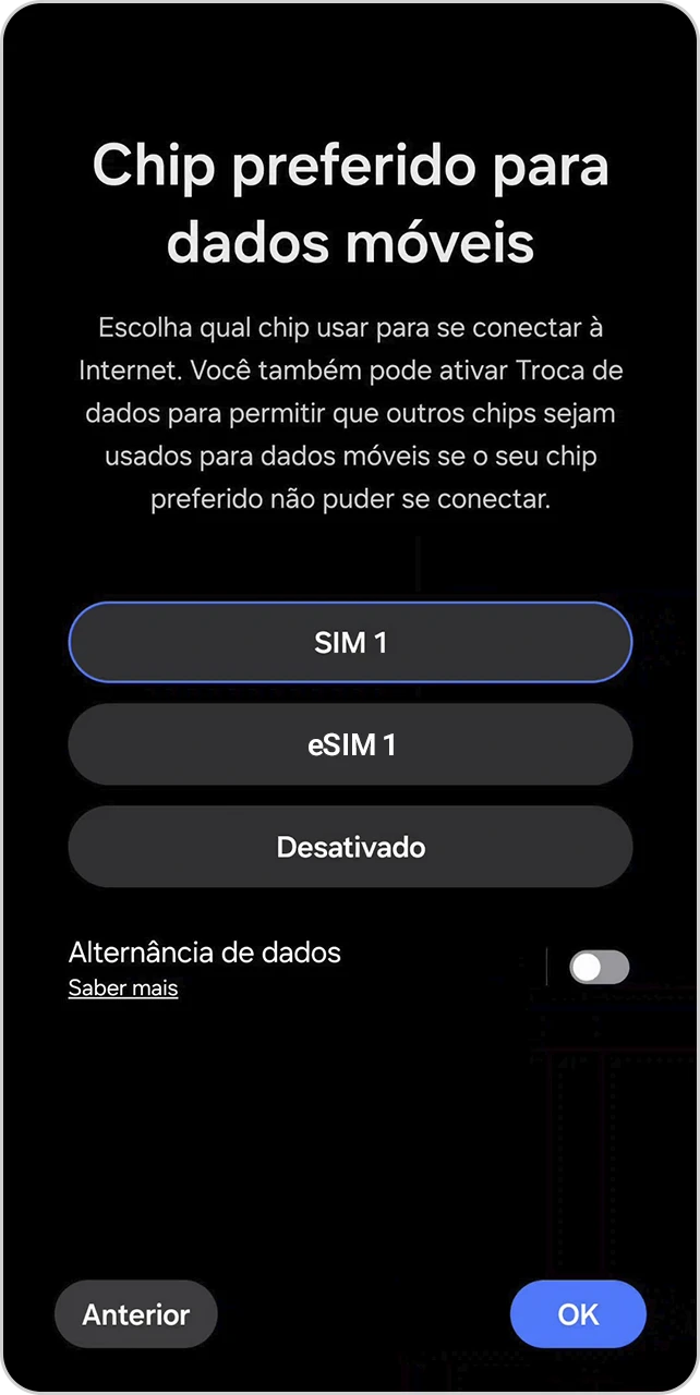 Tela para selecionar qual é o chip preferido para dados móveis.