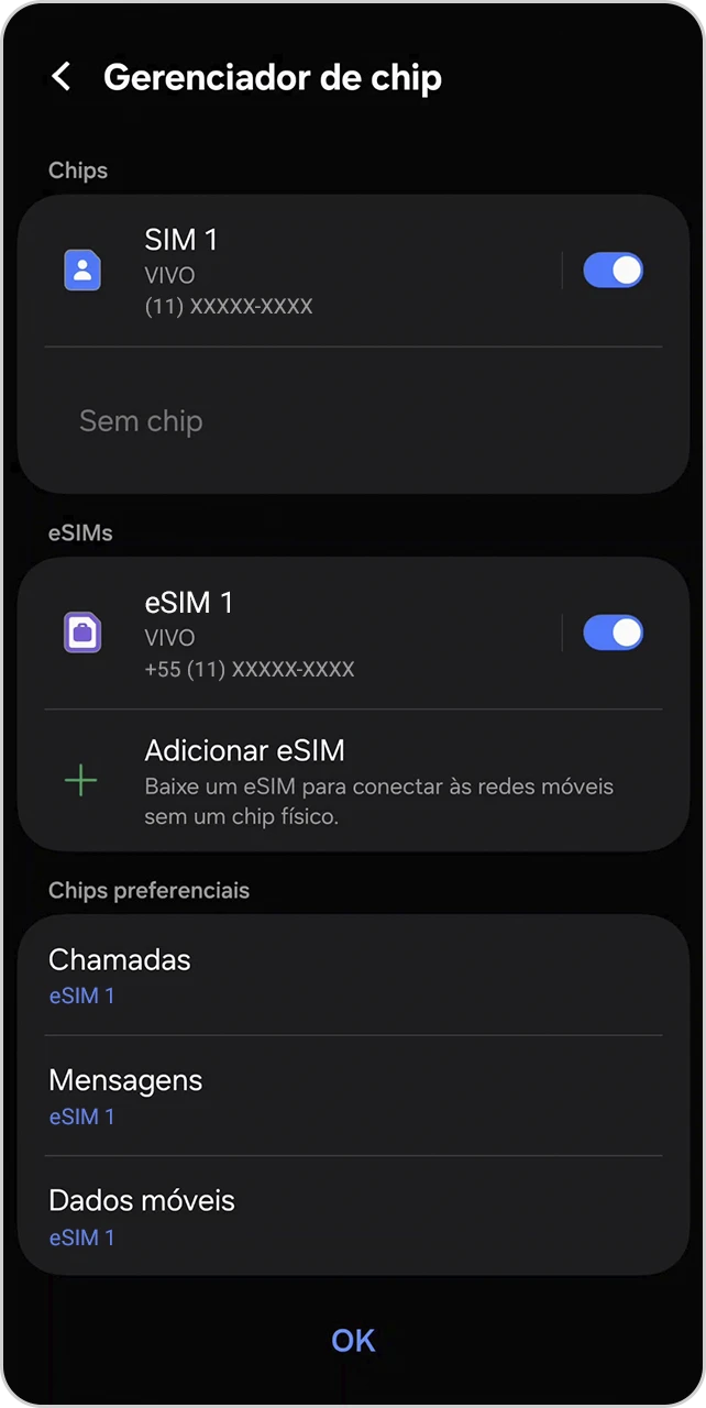 Tela do Gerenciador de chip com o eSIM adicionado.