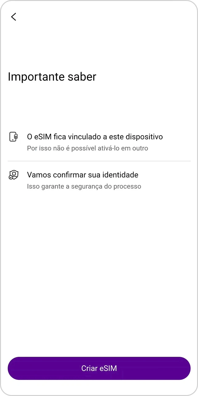 Tela com informações para criar um eSIM.