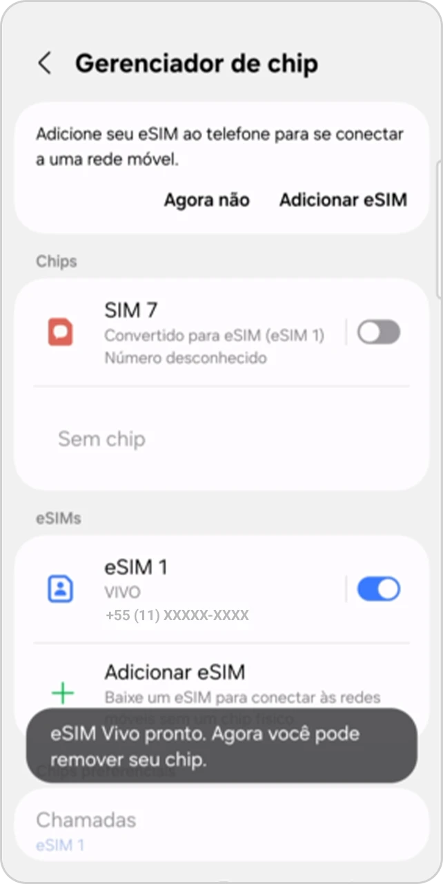 Tela do Gerenciador de chip com o eSIM adicionado.