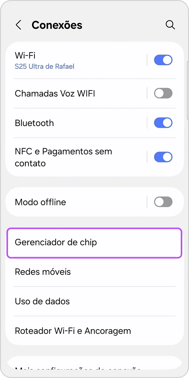 Tela de Conexões com item "Gerenciador de chip" em destaque.