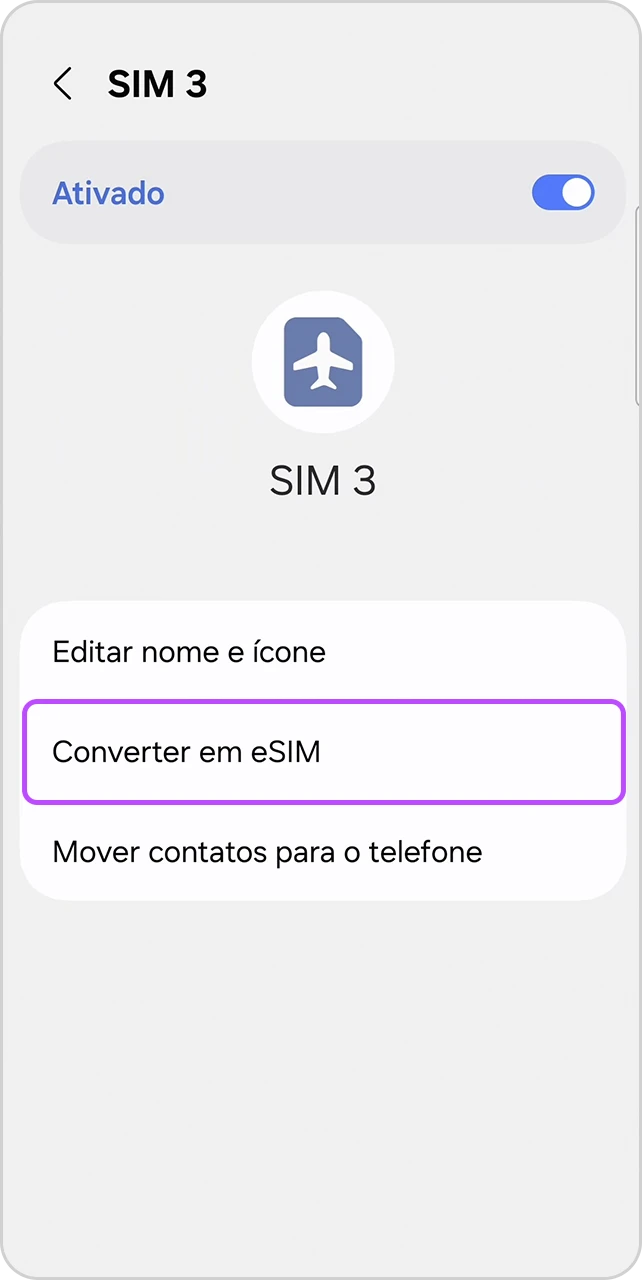 Tela do chip escolhido com item "Converter em eSIM" em destaque.