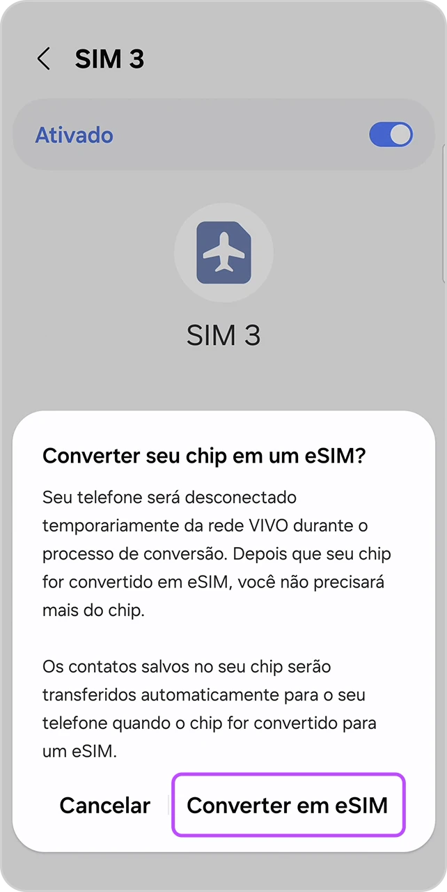 Tela com mensagem de confirmação da conversão do chip com o botão "Converter em eSIM" em destaque.