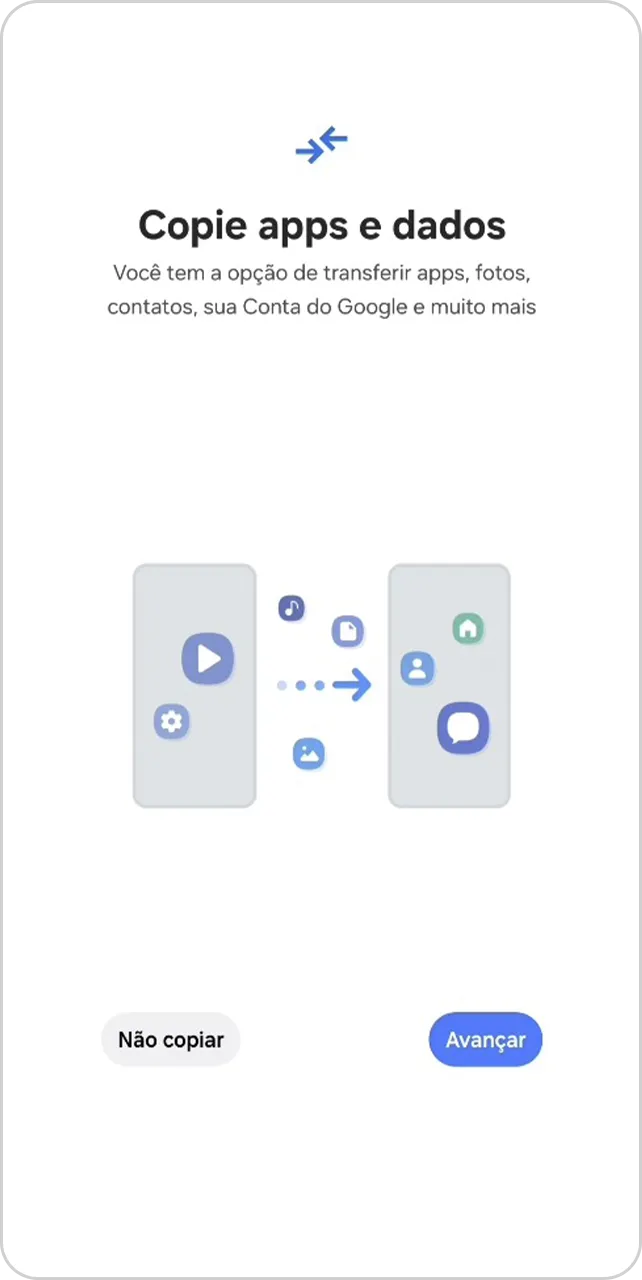 Tela para transferência de apps e dados.