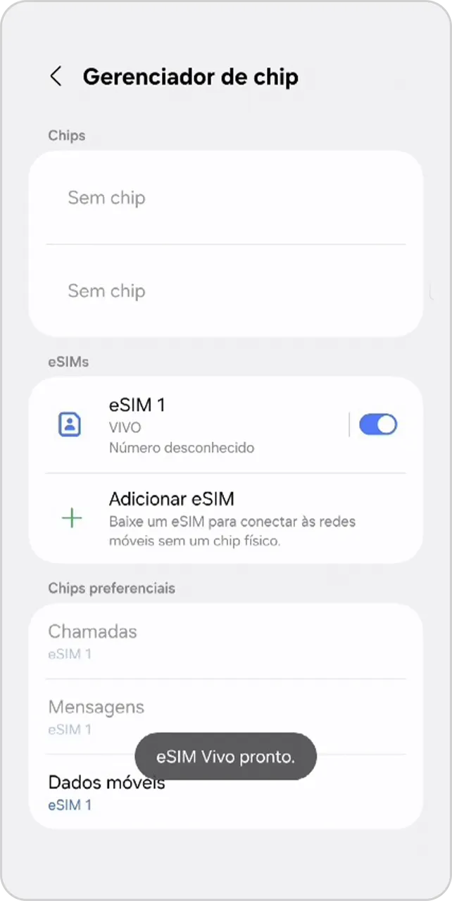 Tela com a áre de gerenciamento de chip.