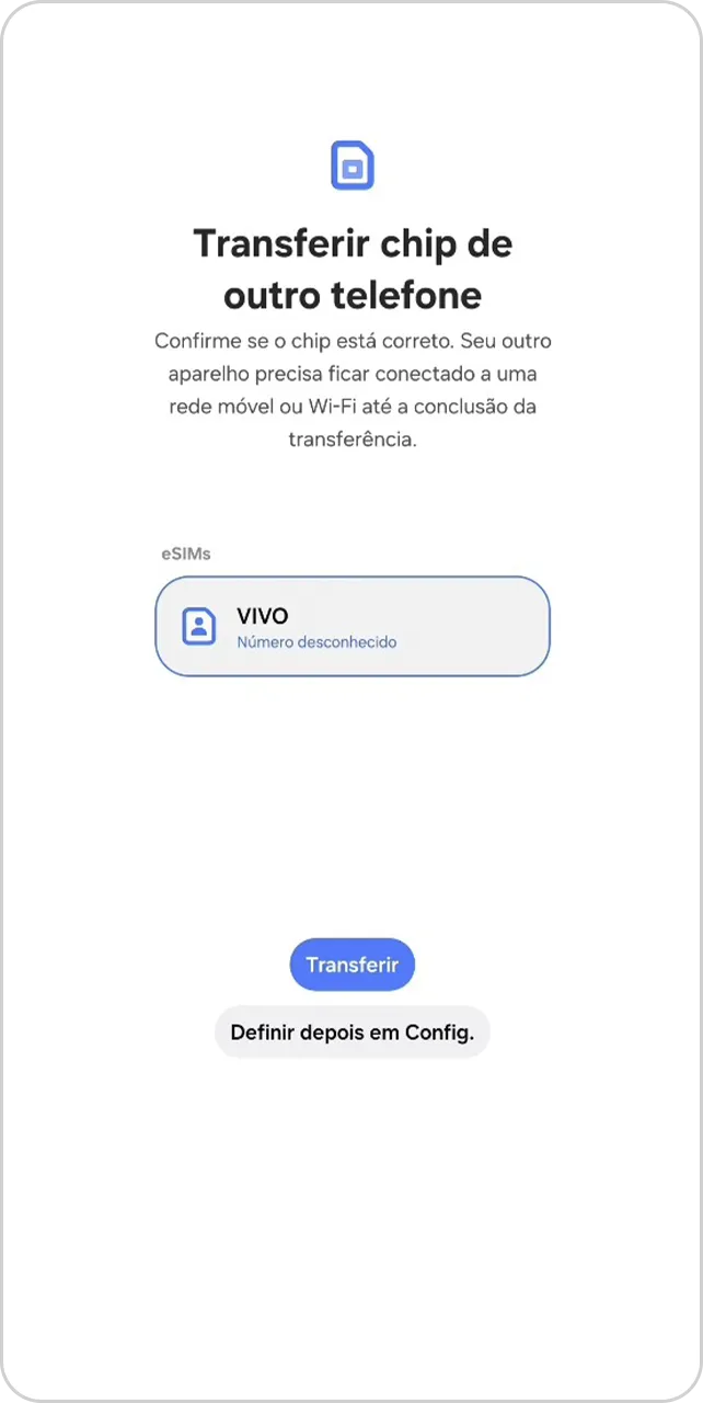 Tela de confirmação de transferência de chip.