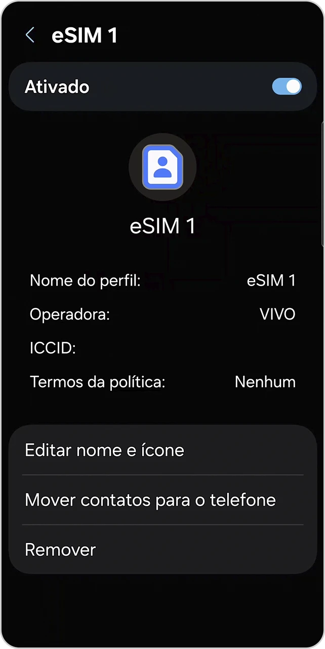 Tela de configuração com eSIM ativado.