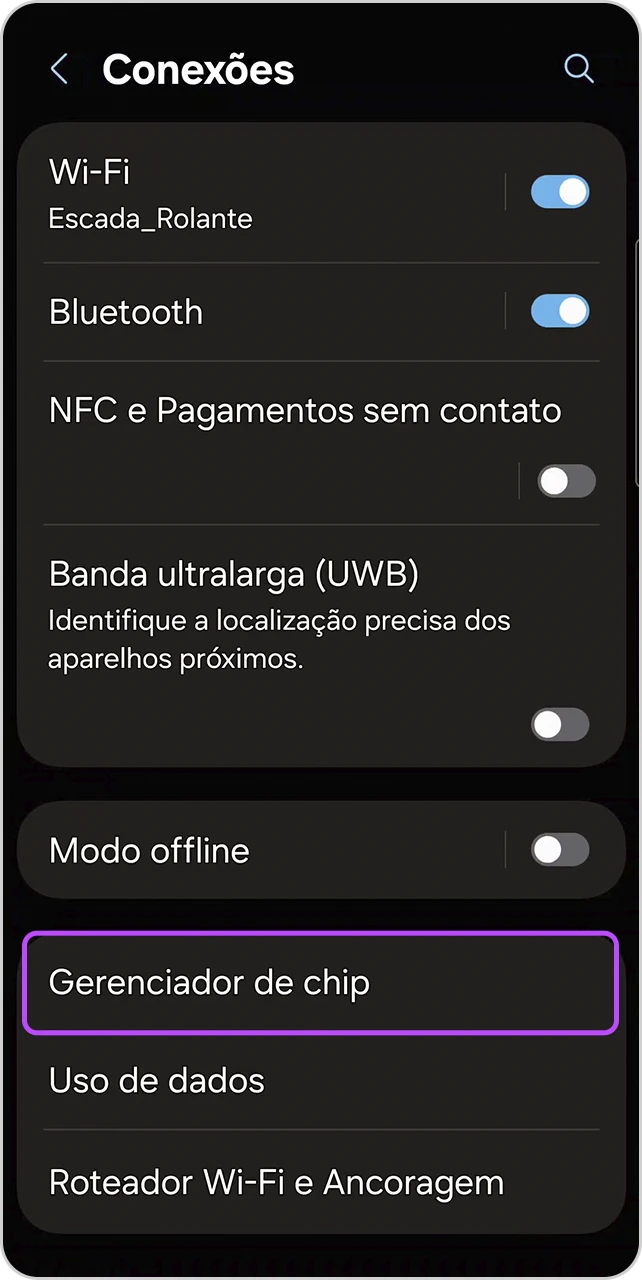 Tela de Conexões com o item "Gerenciador de chip" em destaque.