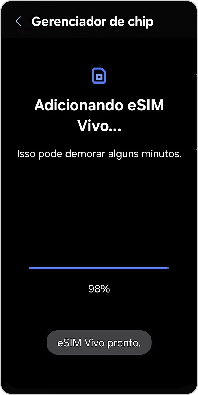 Tela de Gerenciador de chip com barra de progresso quase concluída.