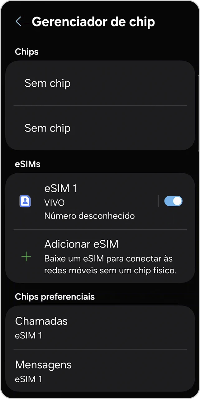 Tela de Gerenciador de chip com eSIM ativado.