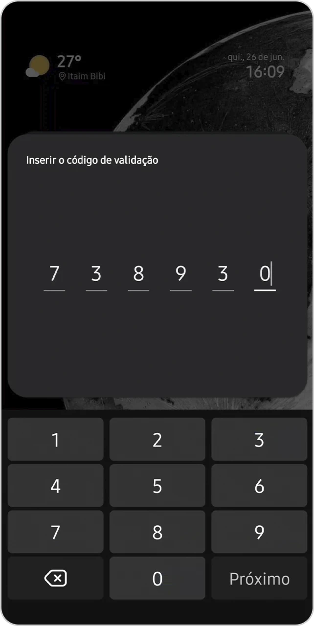 Tela com o código de validação inserido.