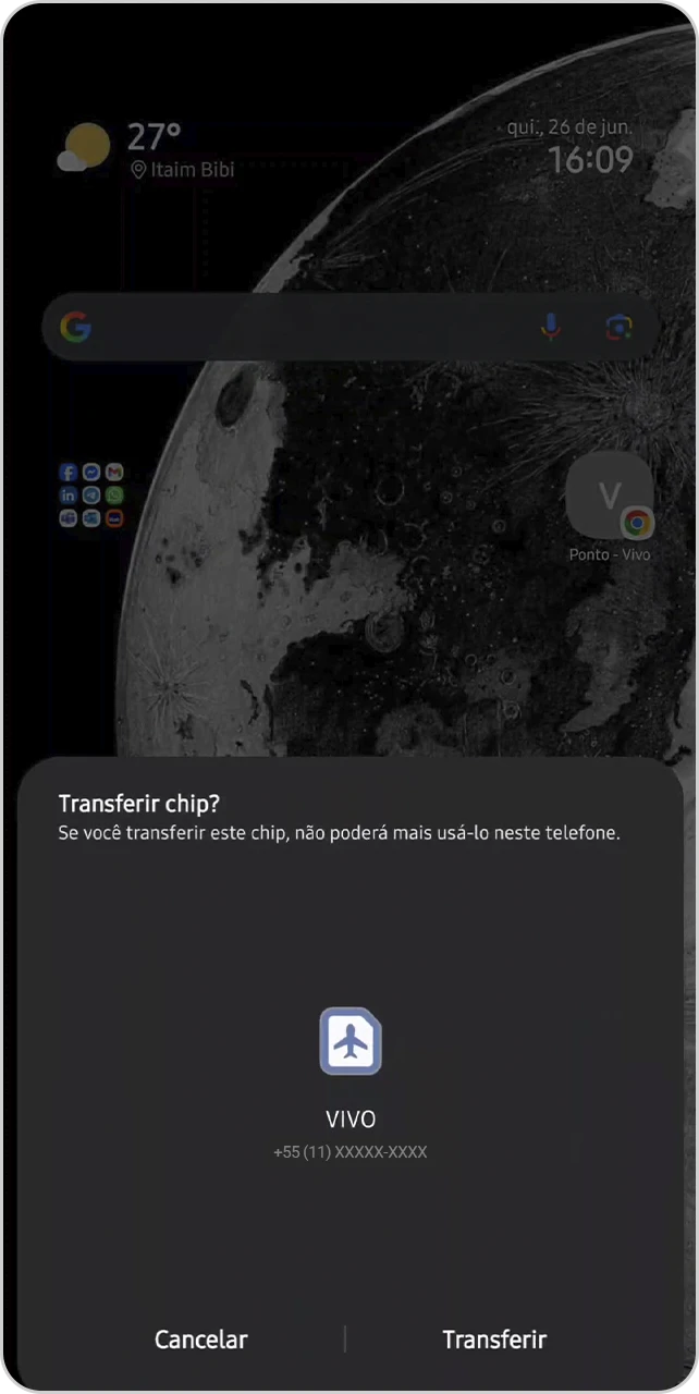 Tela de confirmação de transferência de chip.