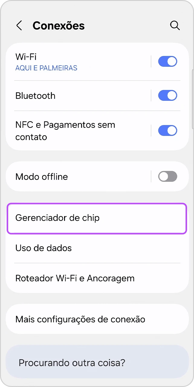 Tela de Conexões com item "Gerenciador de chip" em destaque.