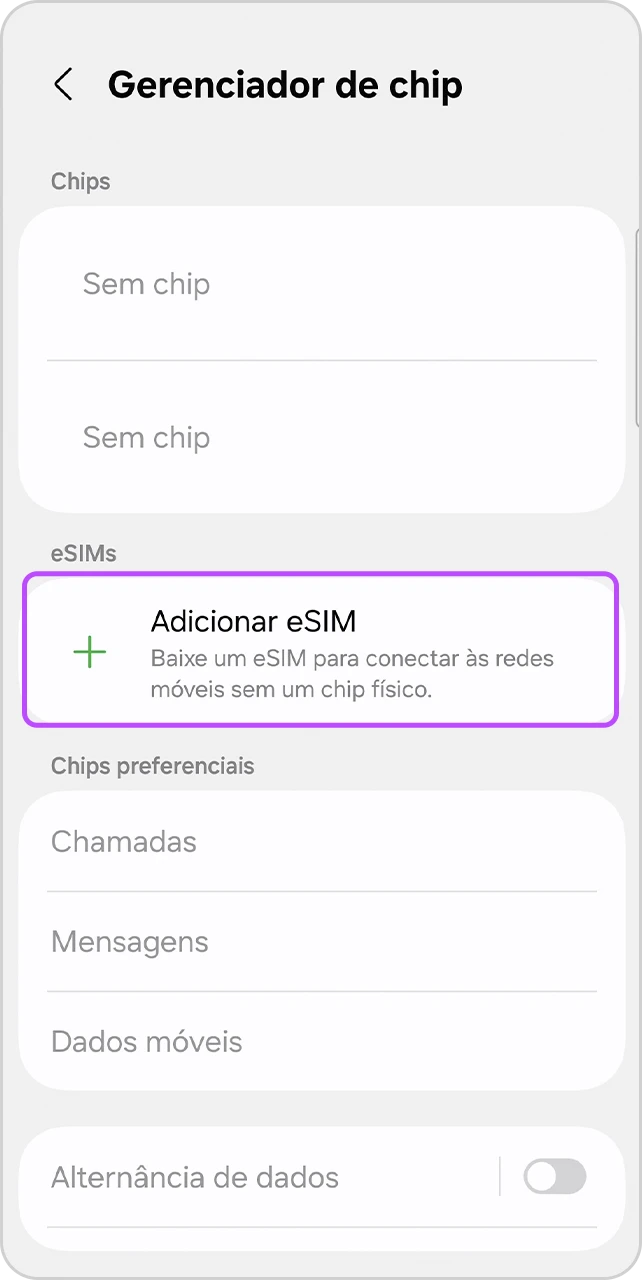 Tela de Gerenciador de chip com item "Adicionar eSIM" em destaque.