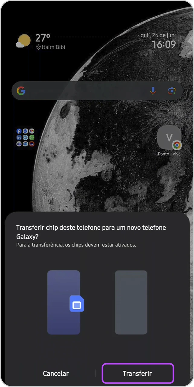 Tela para confirmar a transferência de um aparelho para um novo aparelho.