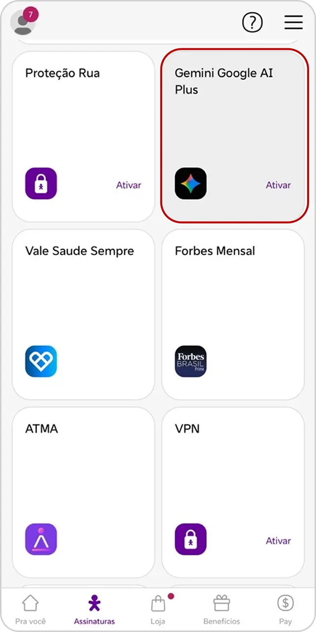 Imagem da tela do passo 3 para ativação do Gemini