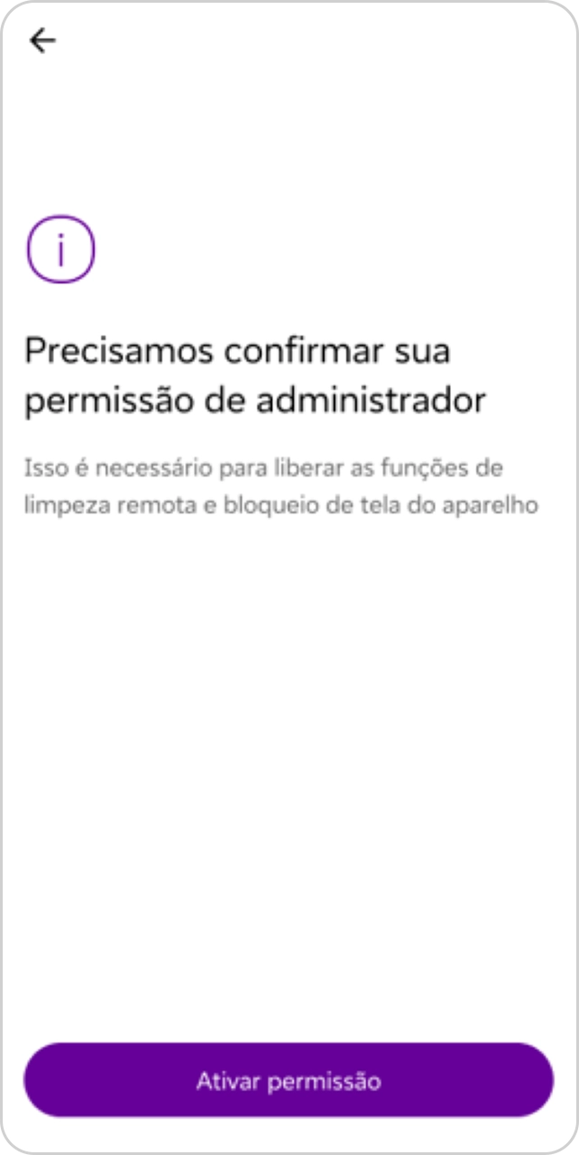 Tela do App Vivo com mensagem para ativação de permissão de administrador.