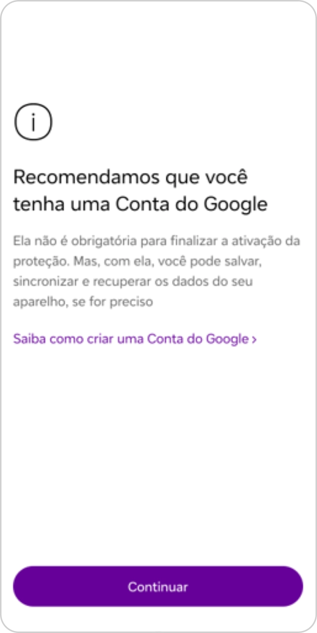 Tela do App Vivo recomendando que o usuário tenha uma Conta do Google.
