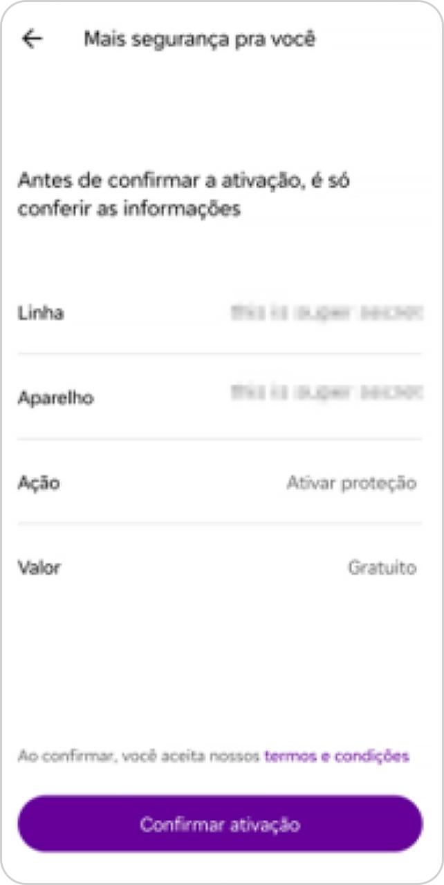 Tela do App Vivo para confirmação de ativação de proteção.