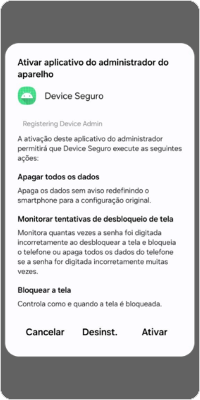 Tela de ativação de aplicativo como administrador do aparelho no celular Android.