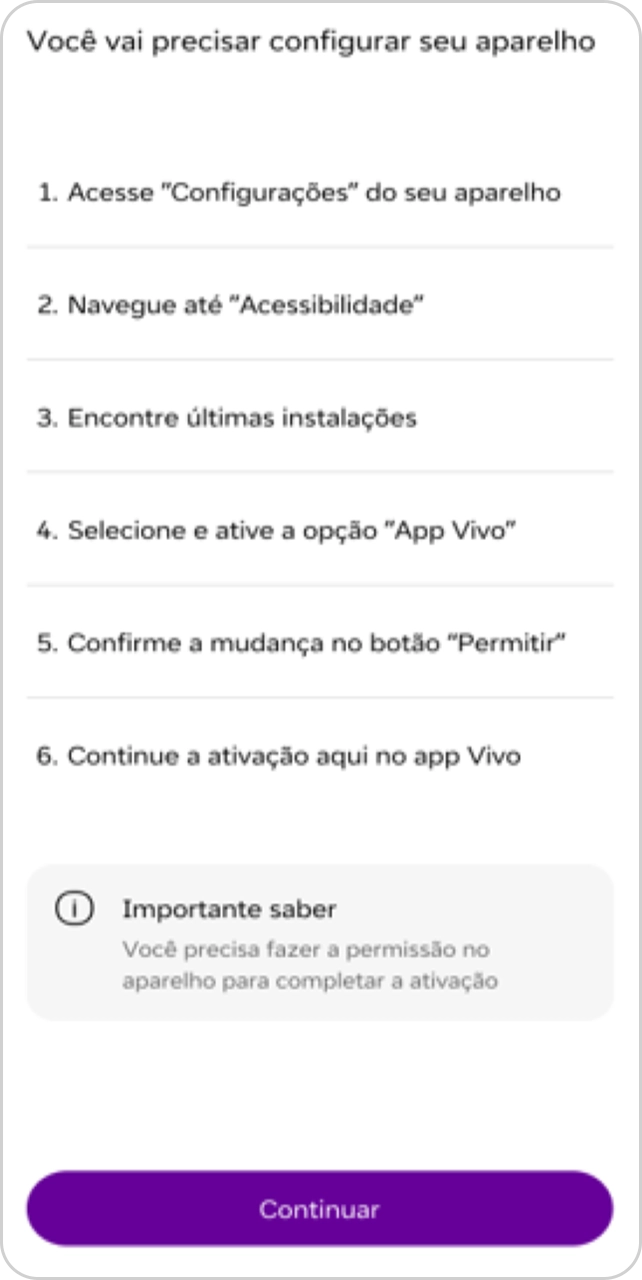 Tela do App Vivo com orientações para configuração de aparelho Android.