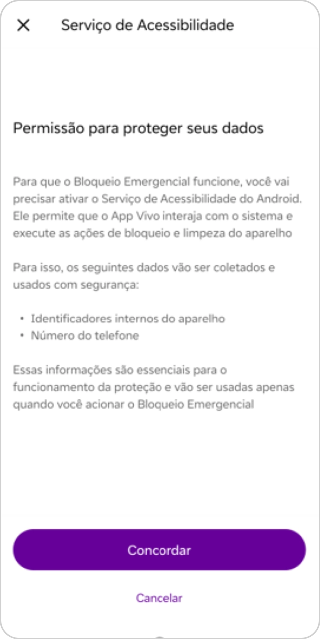 Tela do App Vivo solicitando a permissão para proteção de dados.