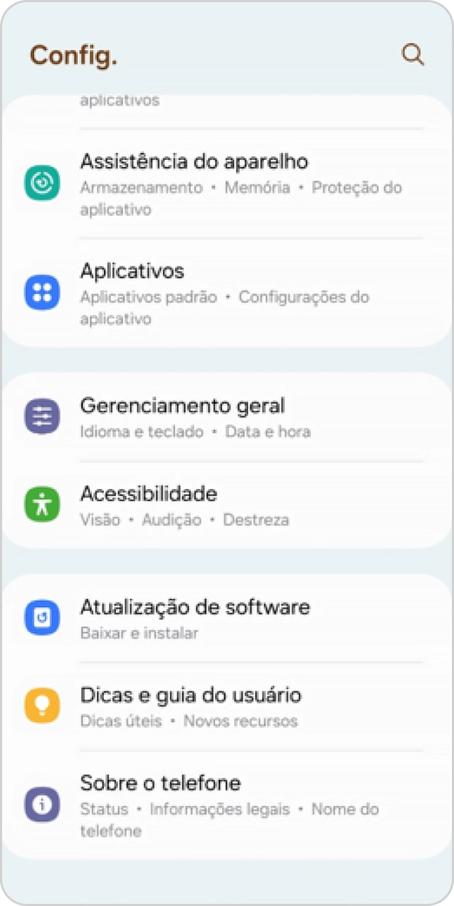 Tela de menu de configurações de um smartphone Android.