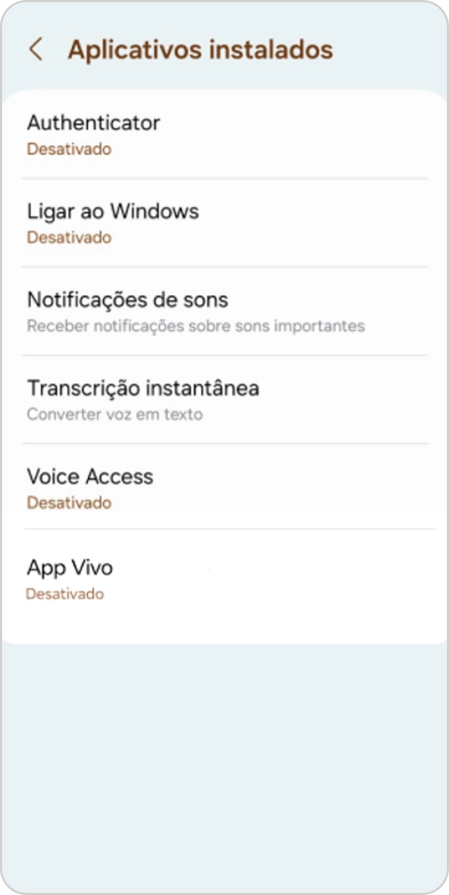 Tela de celular Android com configuração de aplicativos instalados.