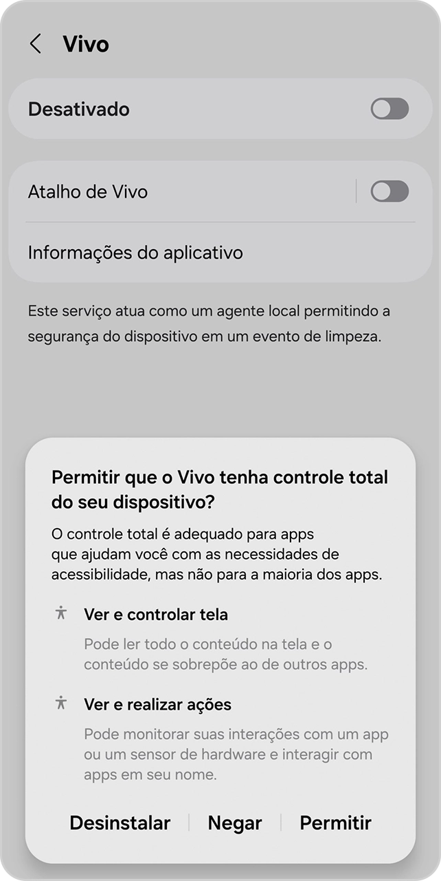 Tela de configuração de acessibilidade de um celular android solicitando permissão para App Vivo.