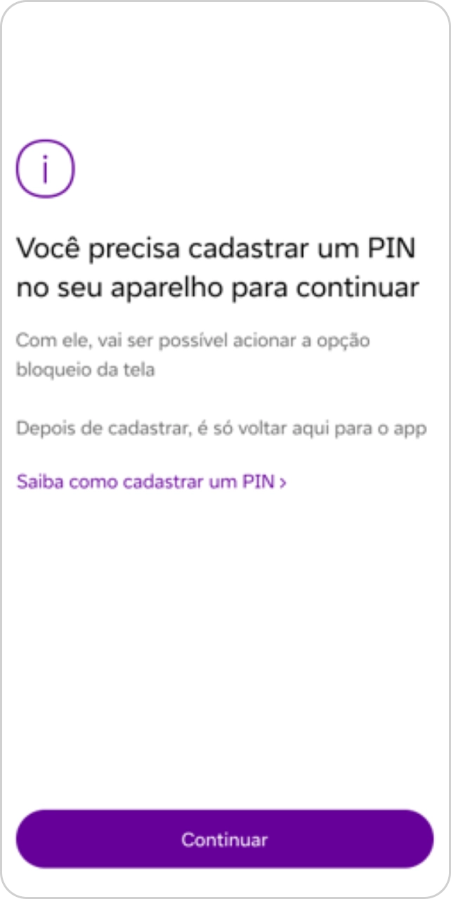 Tela do App Vivo orientando o usuário a cadastrar um PIN no aparelho para continuar.
