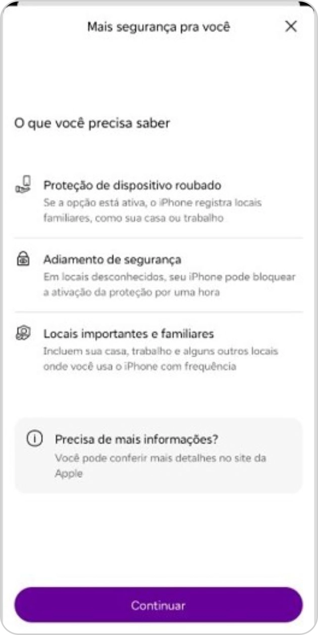 Tela com informações importantes pós confirmação de biometria pra Bloqueio Emergencial.