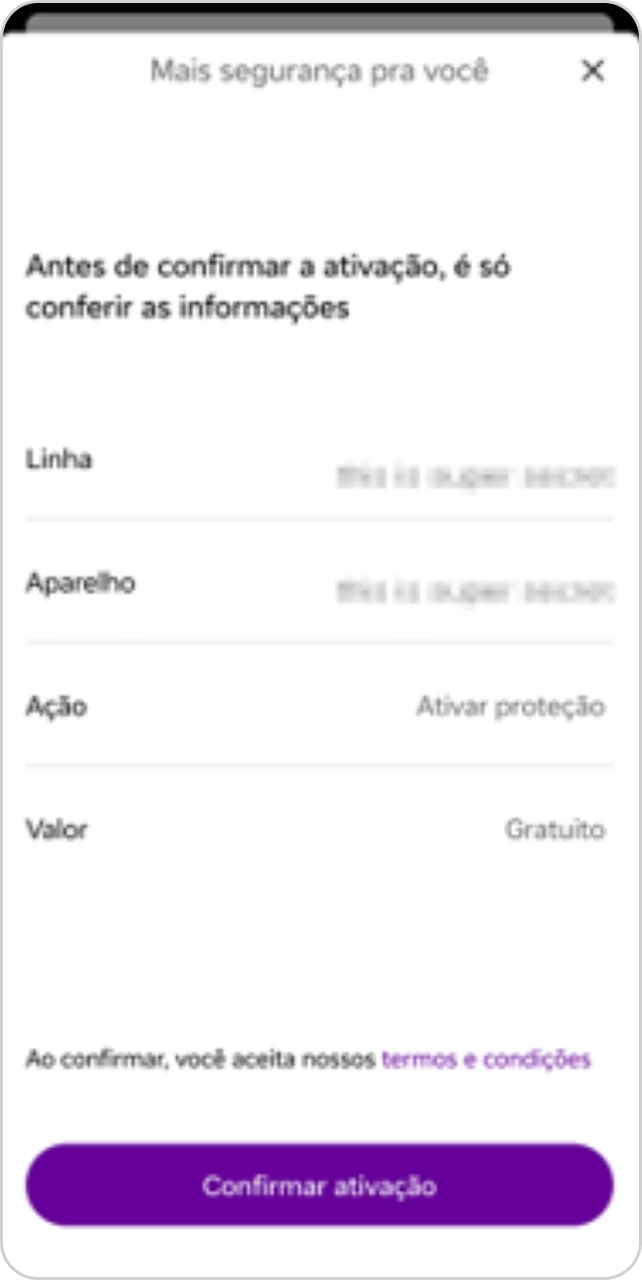 Tela de confirmação de ativação de proteção.