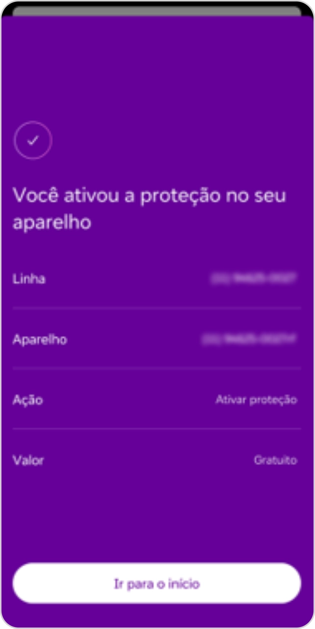 Tela com mensagem de ativação de proteção concluída.