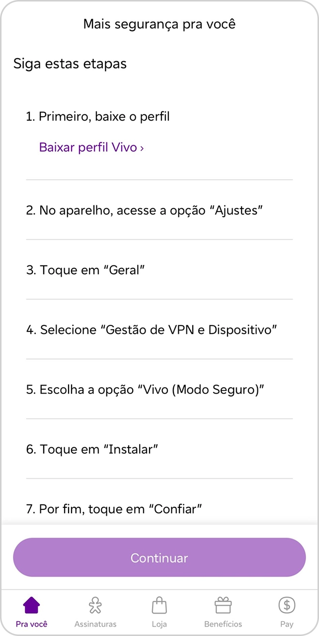 Tela do App Vivo com instruções de como configurar o celular no sistema iOS.