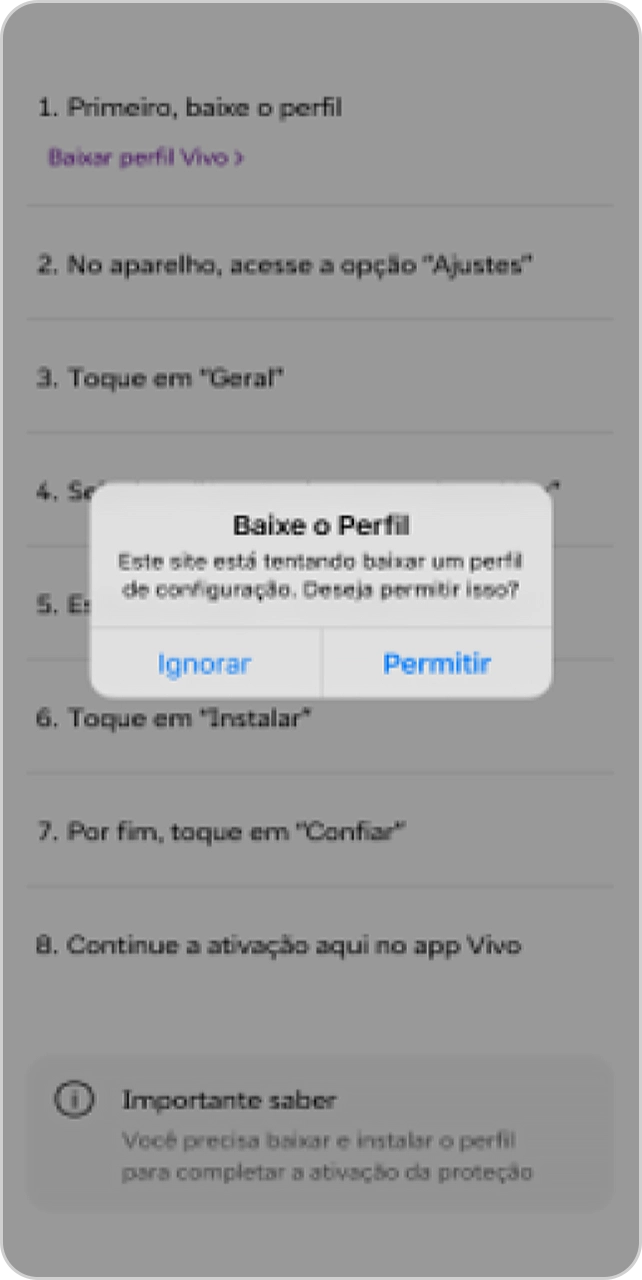 Tela de permissão de download de perfil no sistema iOS.