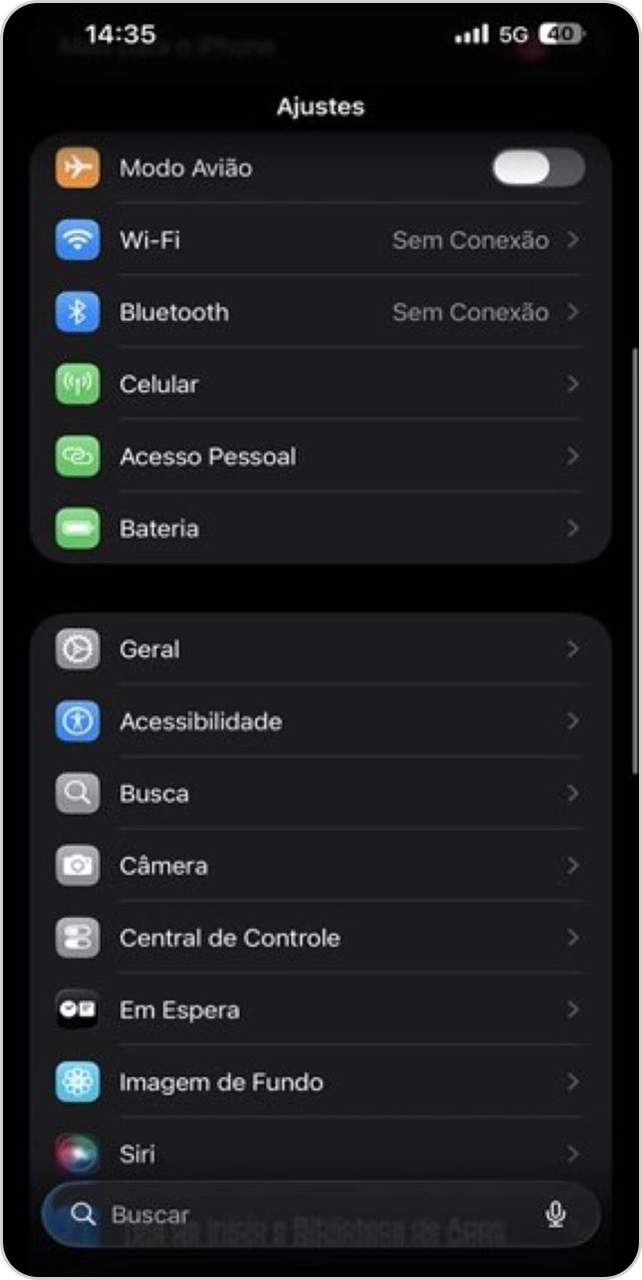 Tela de ajustes de aparelho Apple.