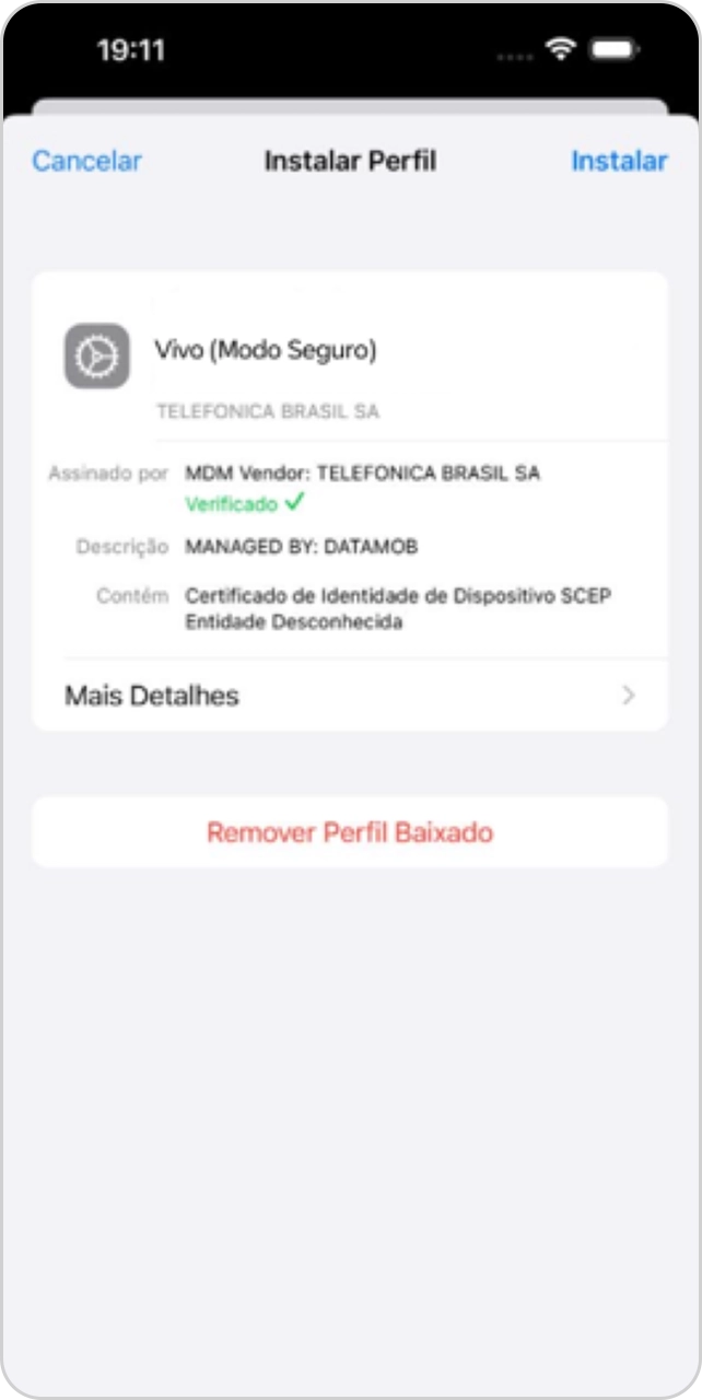 Tela de instalação de perfil Vivo (Modo Seguro) no aparelho Apple.
