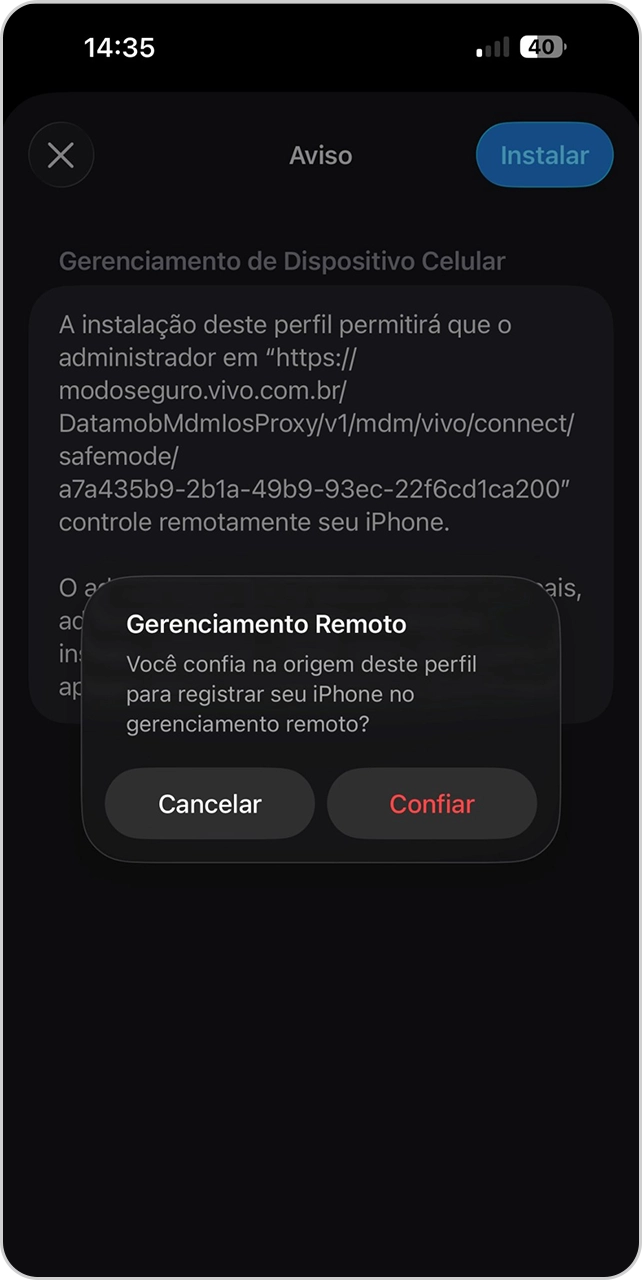 Tela de gerenciamento de dispositivo celular, com botão "confiar".