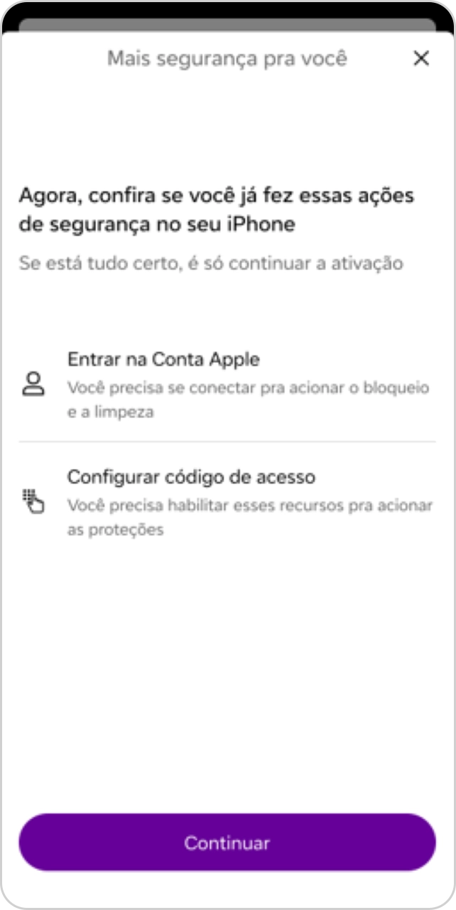Tela de segurança Apple com botão de confirmação de informações.