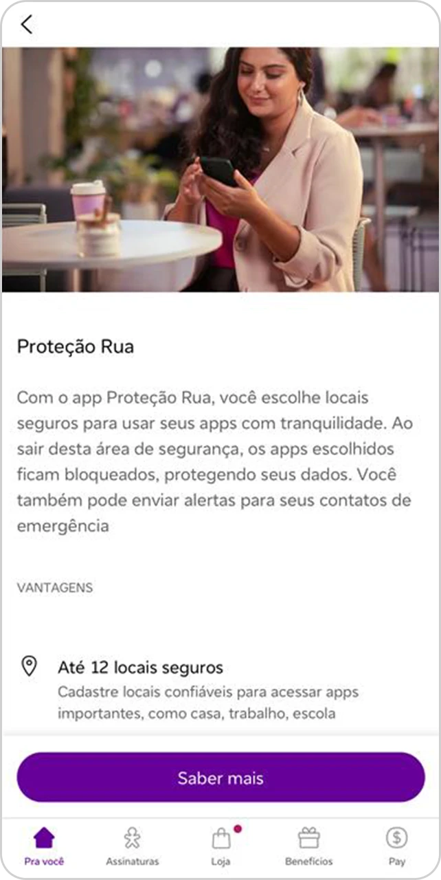 Imagem da tela do App Vivo na página de Proteção Rua com botão "Saber mais"