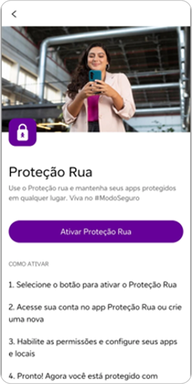 Imagem da tela de ativação do serviço Proteção Rua, com botão "Ativar Proteção Rua"