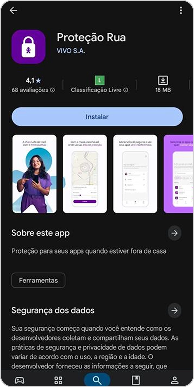 Imagem da Play Store com tela de instalação do app Proteção Rua.