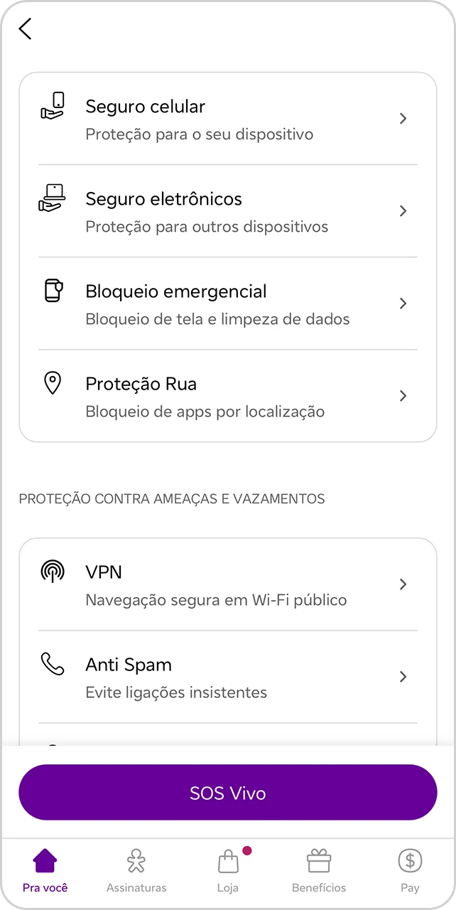 Tela do App Vivo com opções de serviços digitais disponíveis.