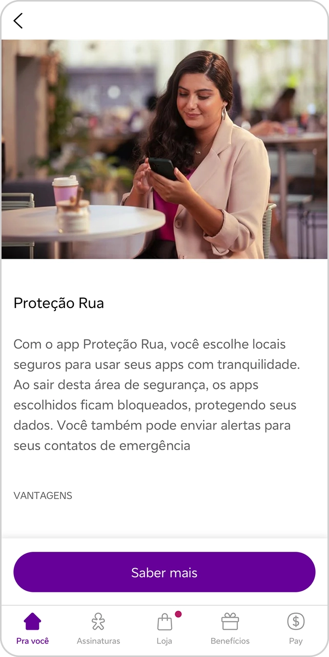 Imagem do app Vivo com tela de mais informações sobre o serviço Proteção Rua.