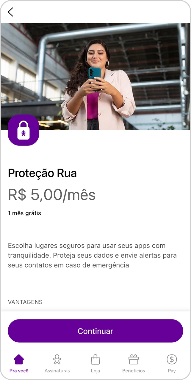 Tela do app Vivo com serviço digital Proteção Rua e valor R$ 5/mês, com botão "Continuar"