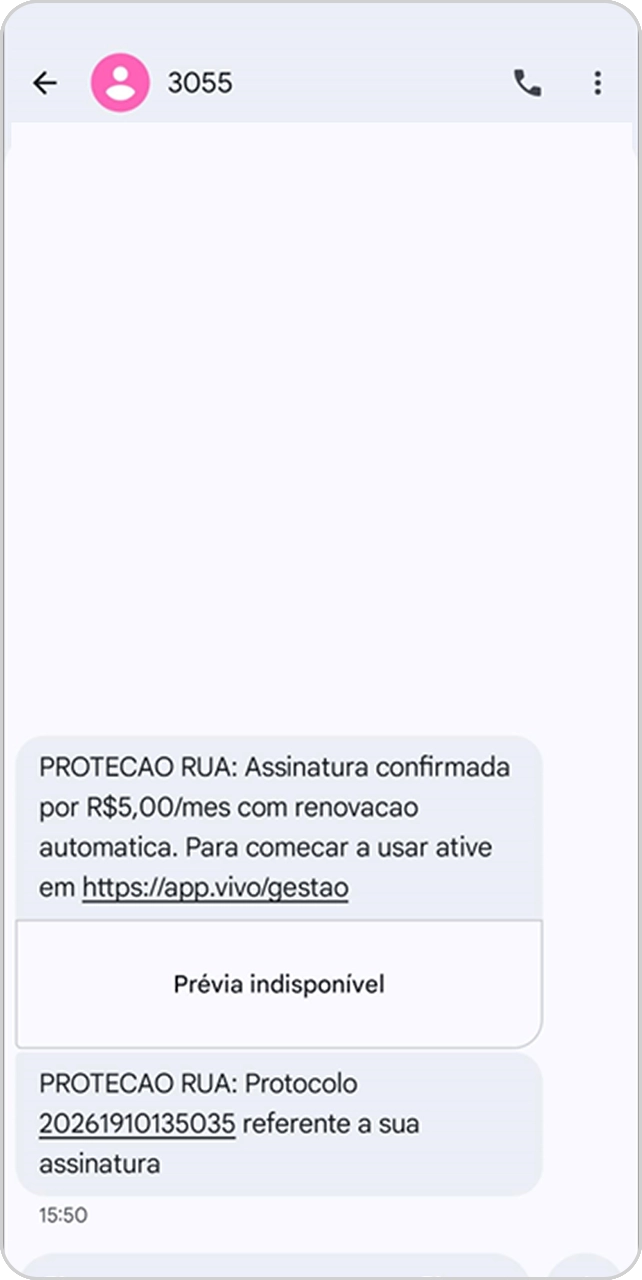 Tela de SMS de confirmação de assinatura do serviço Proteção Rua.