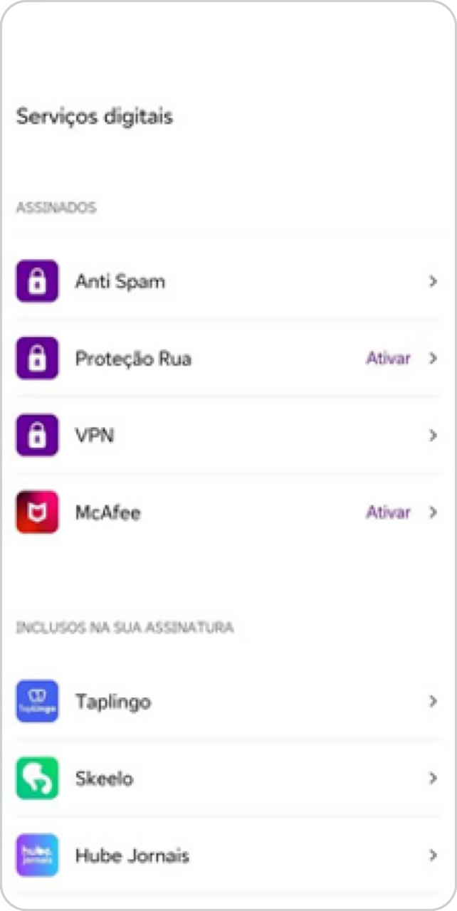 Imagem da tela de Serviços digitais do App Vivo