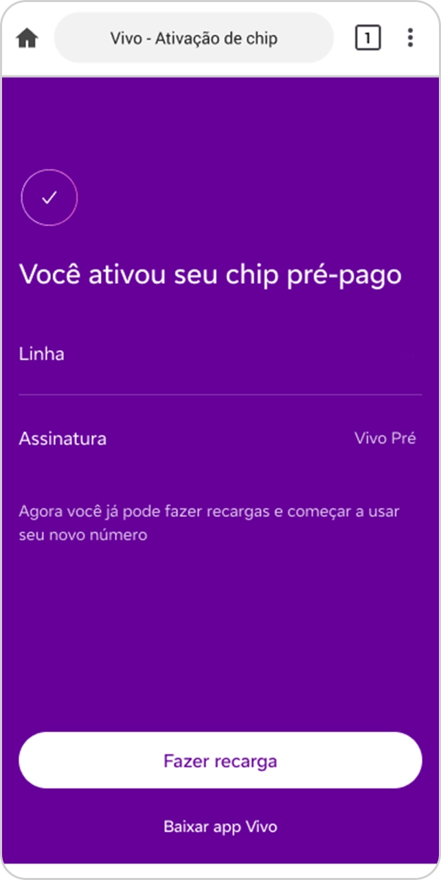 Imagem da tela de ativação de chip Vivo Pré com opção de fazer recarga